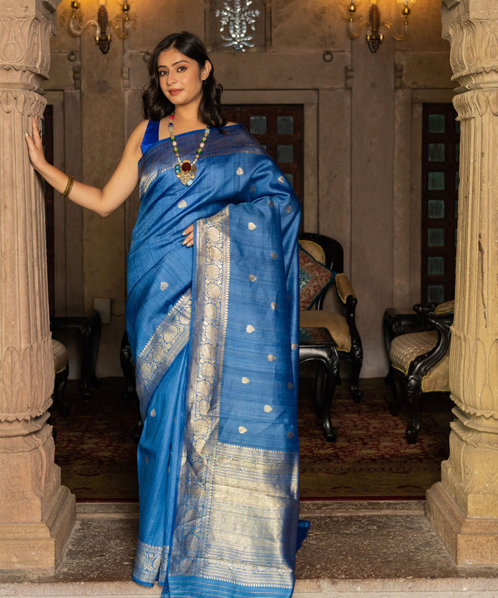Denim blue silk handwoven banarasi saree