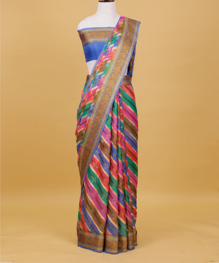 Multicolor diagonal stripe handwoven banarasi silk saree