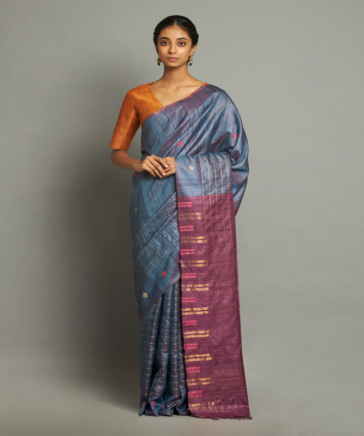 Deep blue tussar silk handwoven chhattisgarh kosa saree
