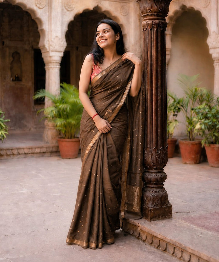 Brown golden buti chanderi cotton silk saree