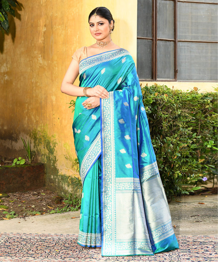 Blue silver silk handwoven banarasi saree