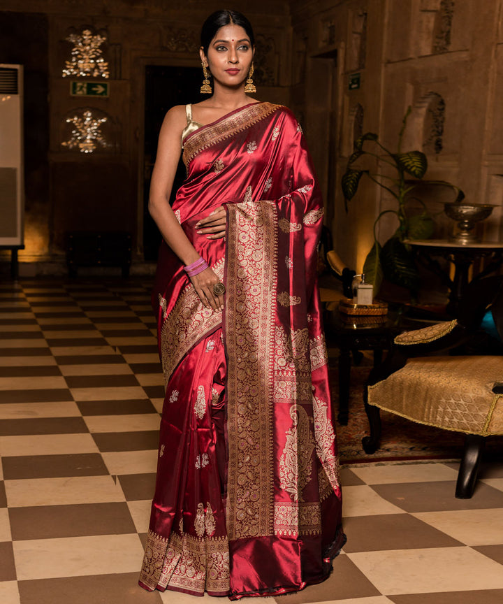 Maroon boota silk handwoven banarasi saree