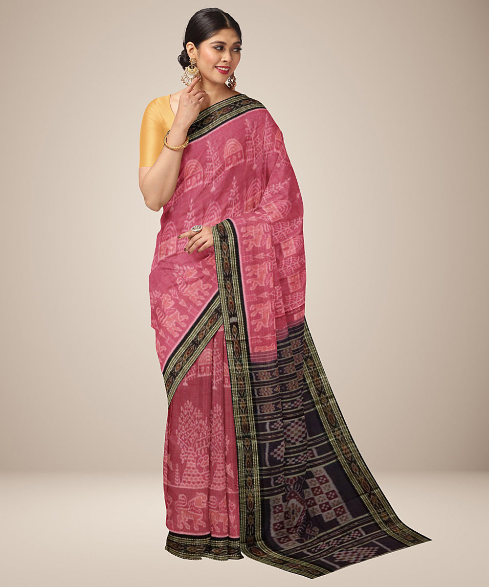 Pink black tree motif cotton handwoven nuapatna saree