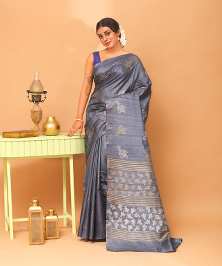 Black grey chhattisgarh handloom tussar silk saree