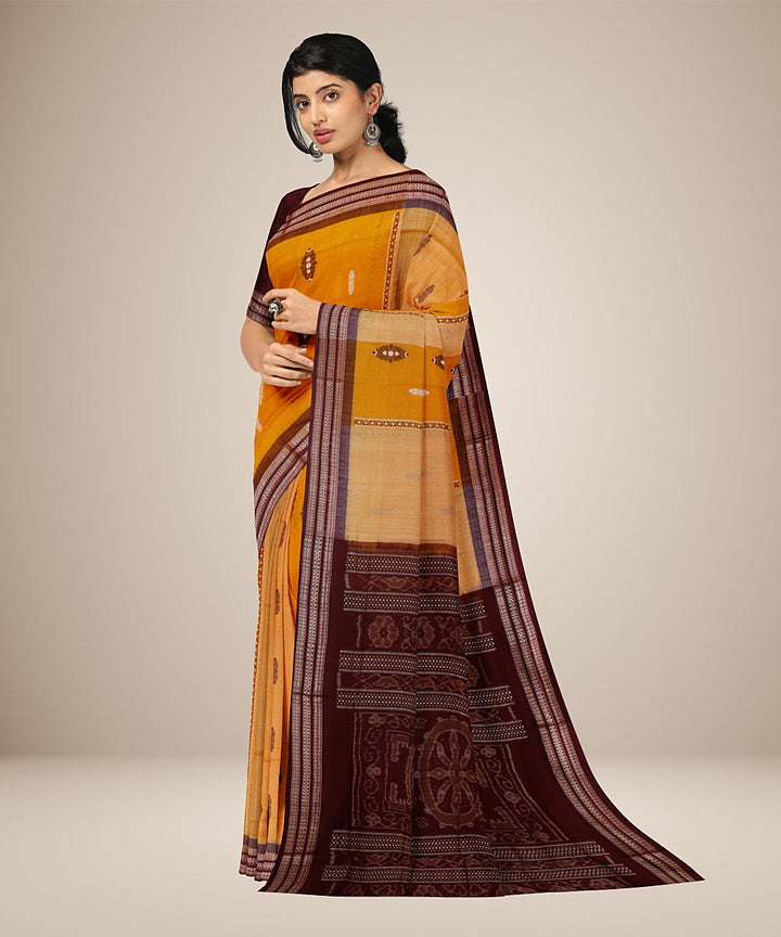 Chrome yellow dark maroon cotton handwoven bomkai saree