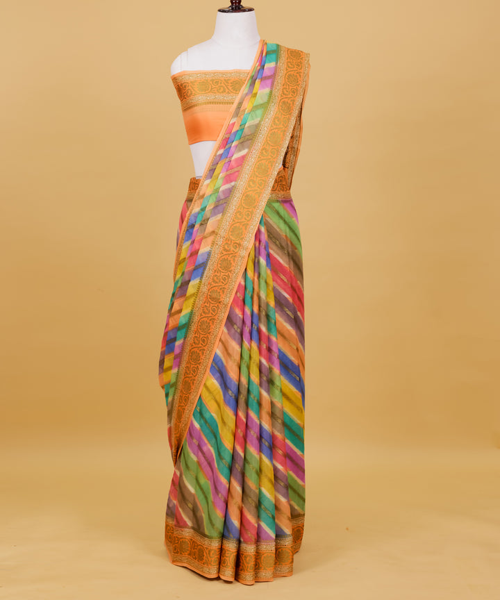 Orange diagonal stripe handwoven silk banarasi saree