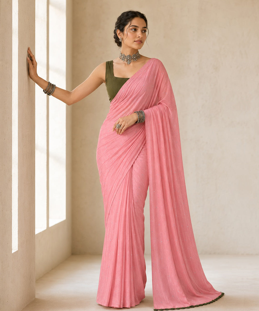 Peach olive crochet mukaish cotton saree