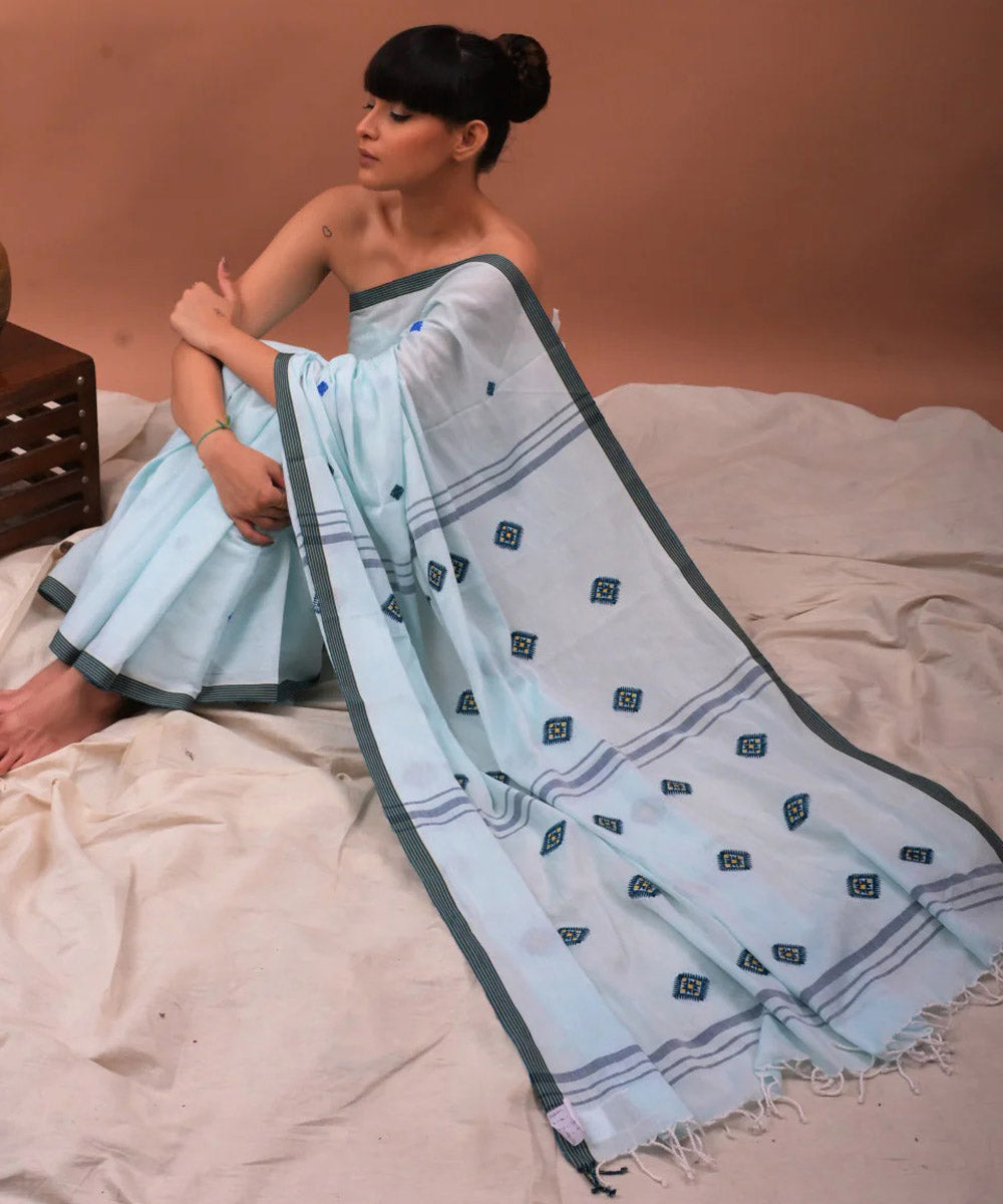 Sky blue black cotton handloom assam saree