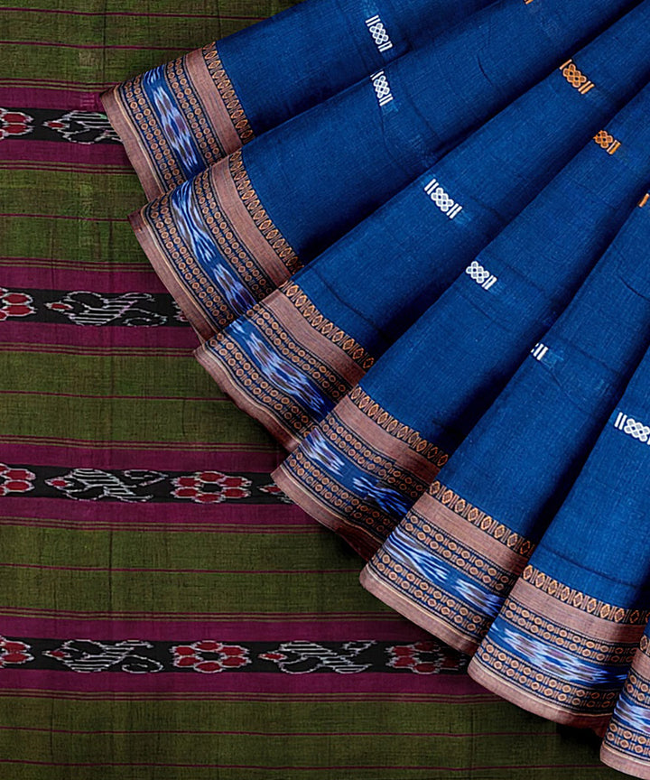 Midnight blue olive reeen cotton handwoven nuapatna saree