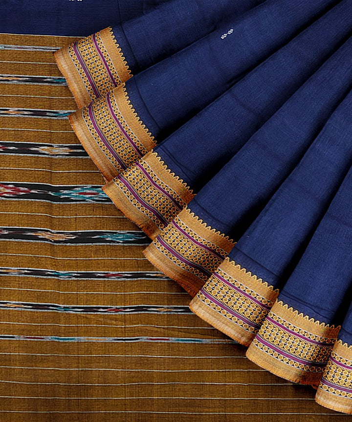 Navy blue yellow cotton handwoven nuapatna saree