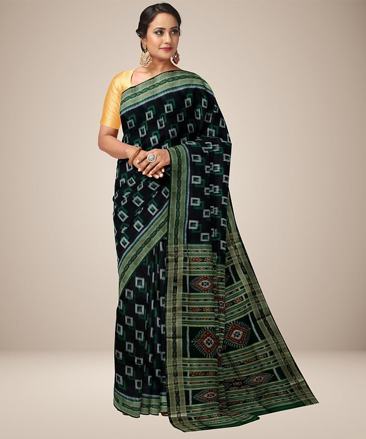 Black green silk handwoven square motif khandua saree