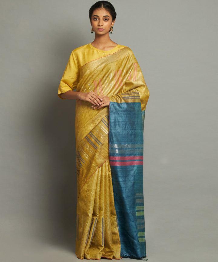 Yellow blue handwoven kosa silk saree