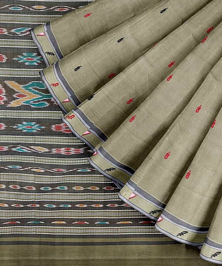 Olive green grey cotton handwoven nuapatna saree