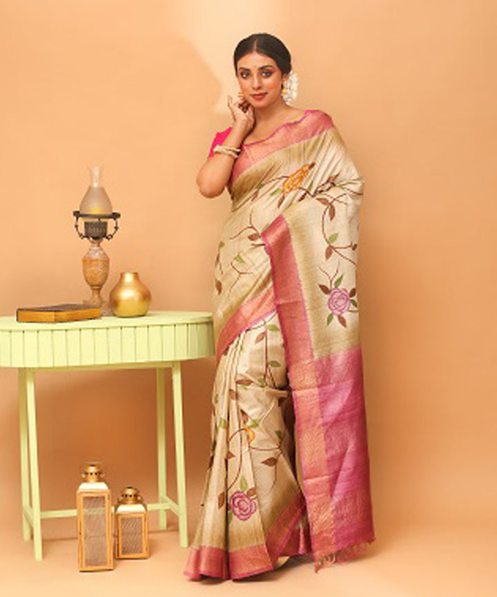 Cream pink tussar silk chhattisgarh handloom handwoven saree