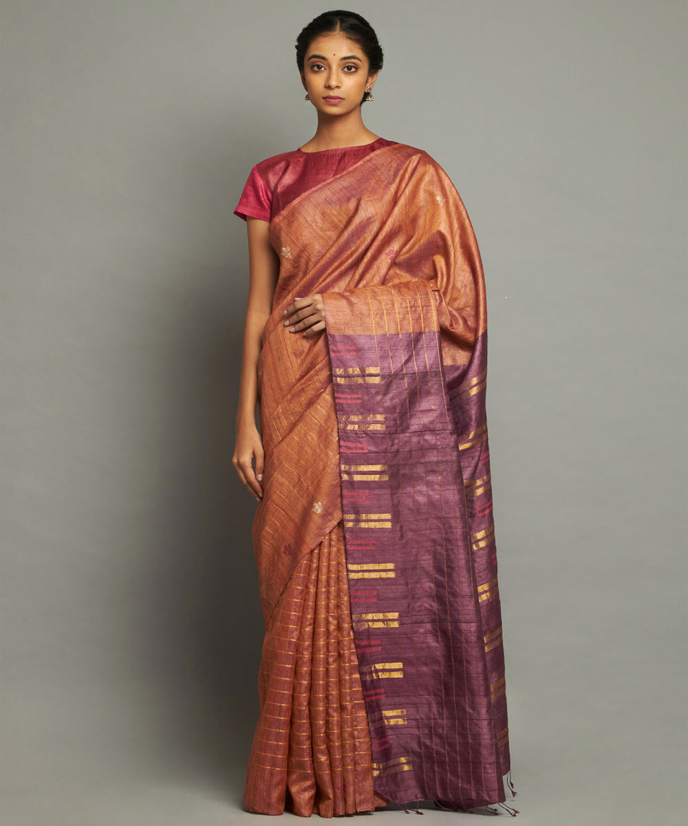Brown purple handwoven kosa silk saree