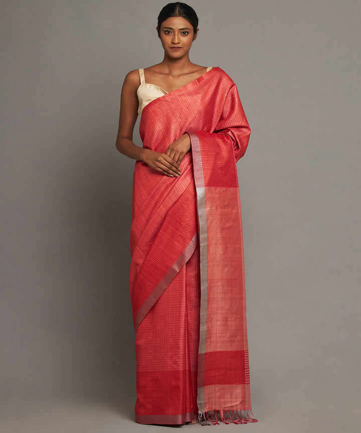 Red pink striped handwoven kosa silk saree