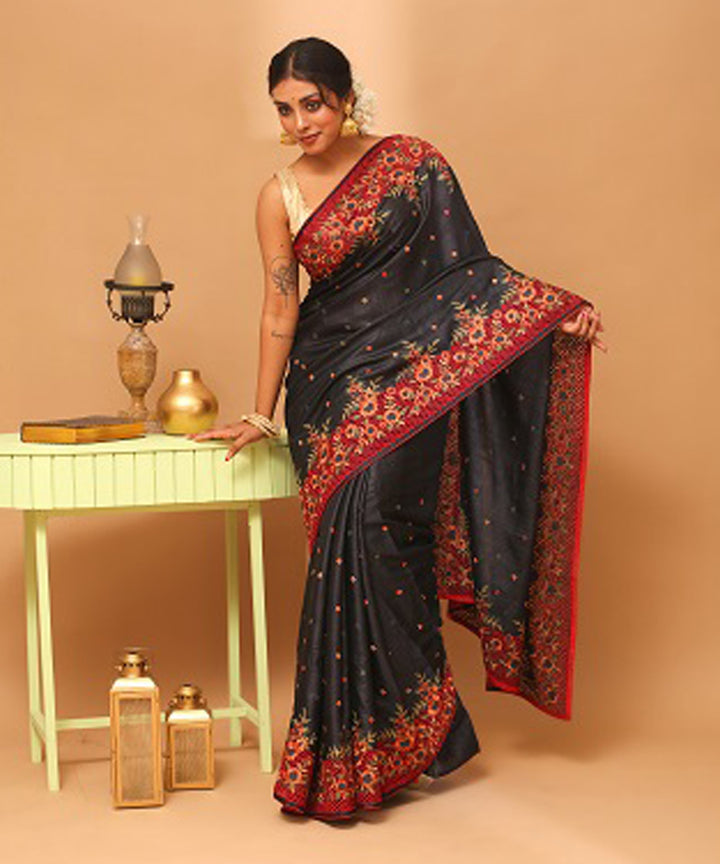 Black red chhattisgarh handloom tussar silk saree