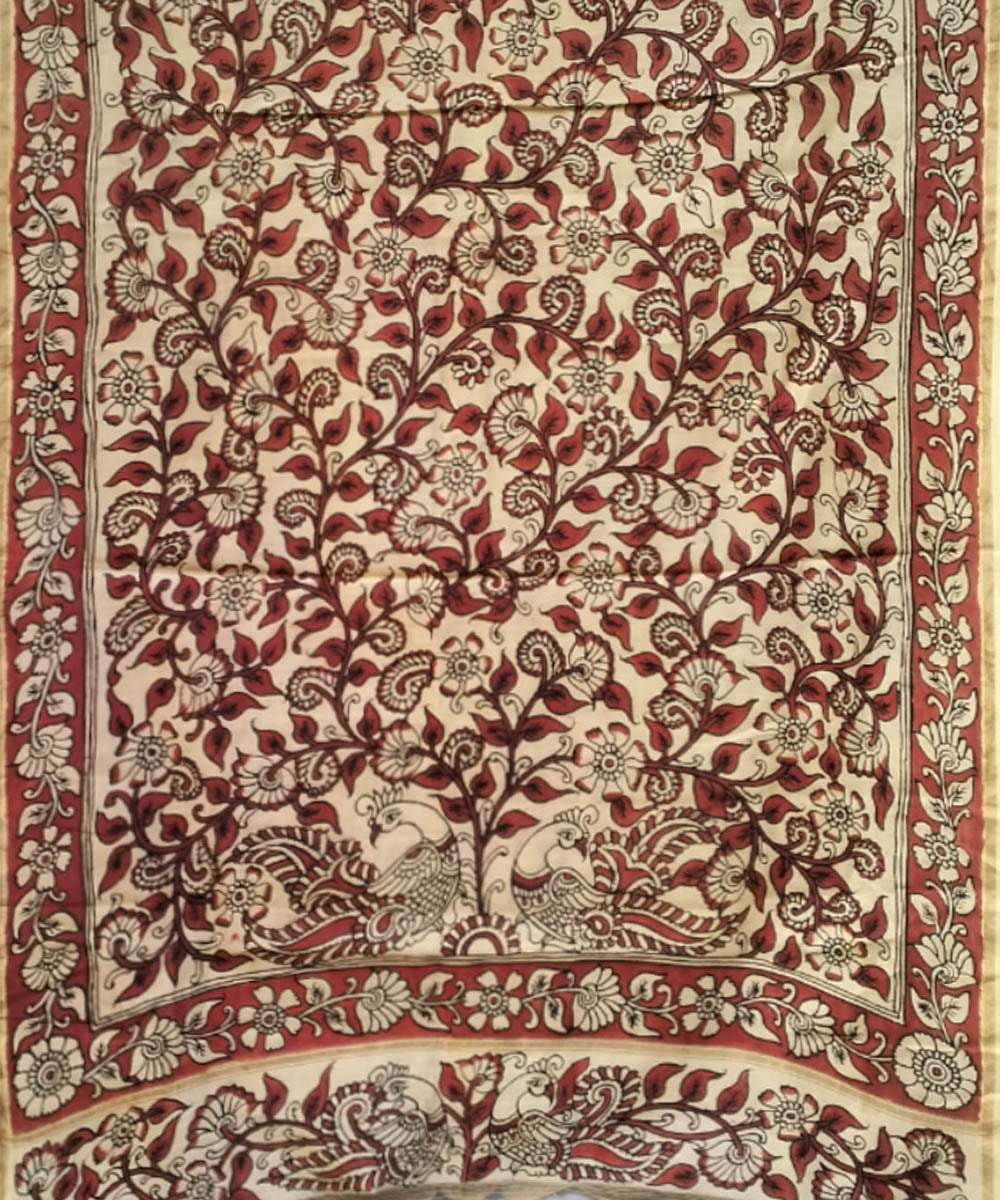 Beige handwoven chanderi cotton silk kalamkari dupatta