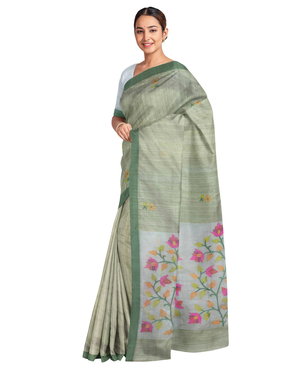 Dark green handloom jamdani silk saree