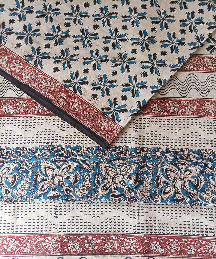 Offwhite blue kalamkari hand printed cotton saree