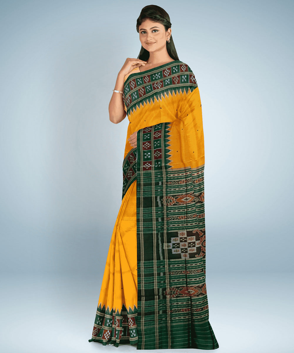 Golden rod green silk handwoven khandua saree