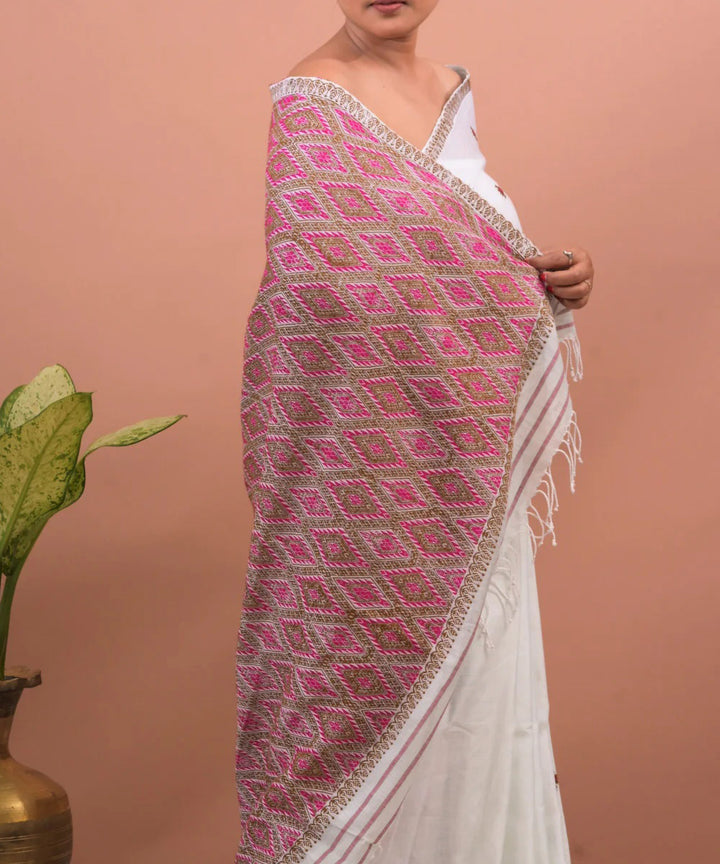 White maroon cotton silk handloom assam saree