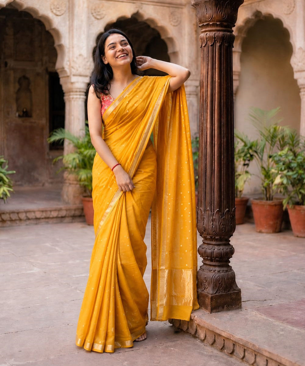 Mustard buti chanderi cotton silk saree