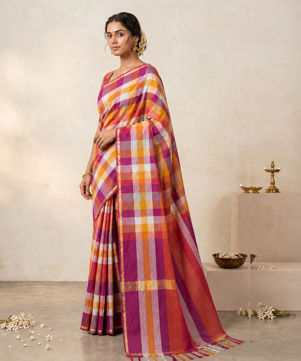 Pink multicolor maheswari cotton silk checks saree