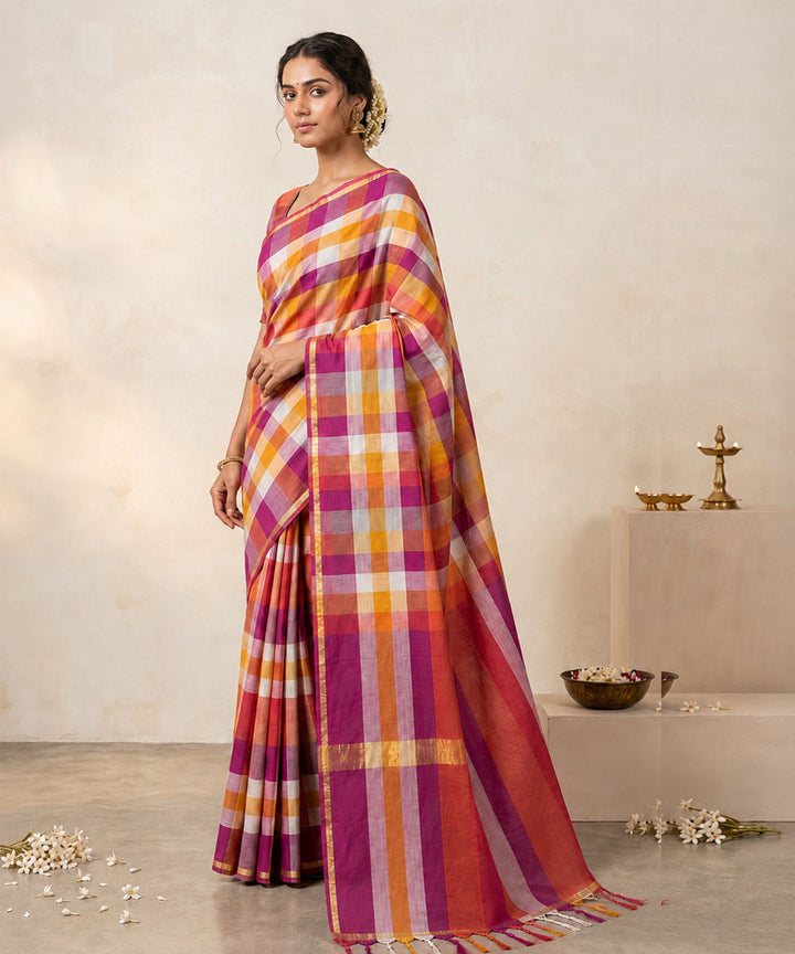 Pink multicolor maheswari cotton silk checks saree