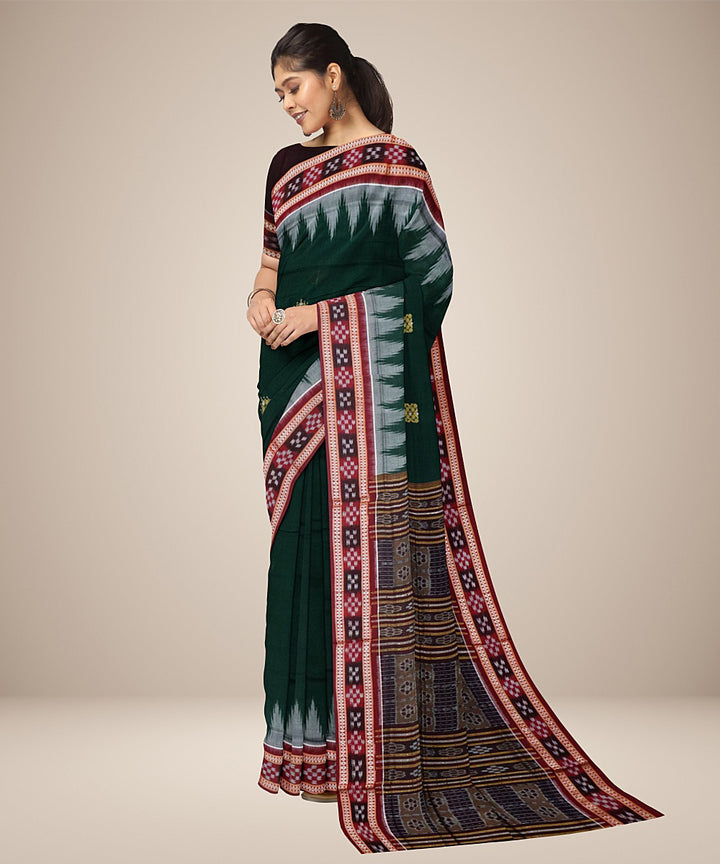 Dark green dark red cotton handwoven bomkai saree