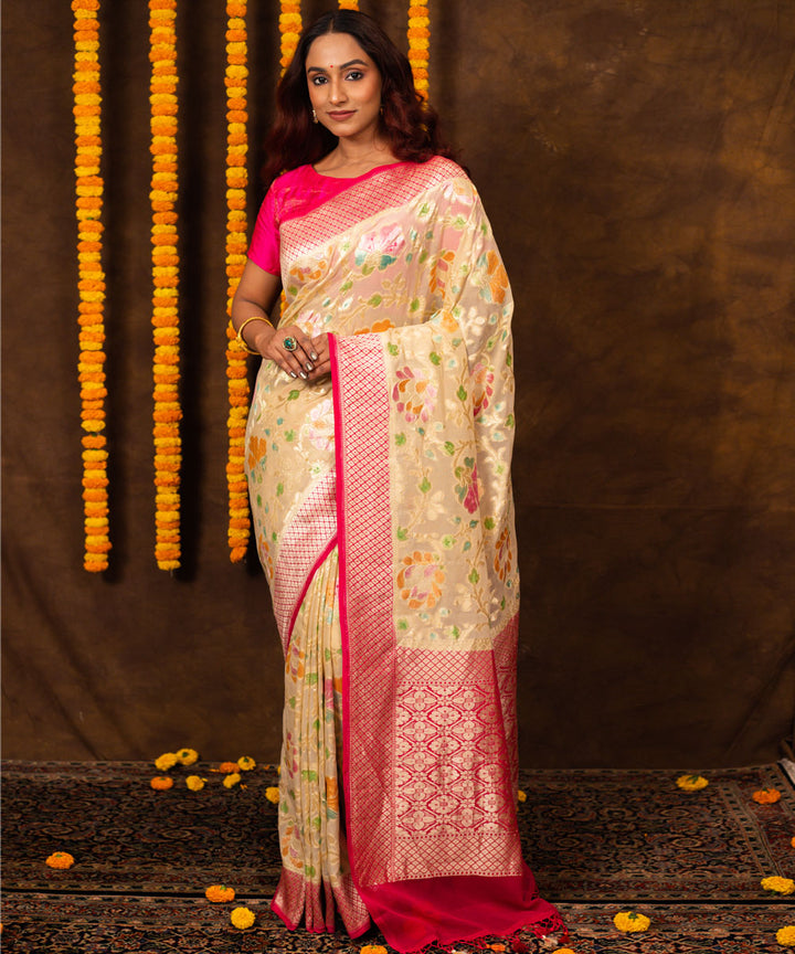 Beige pink silk handwoven banarasi saree