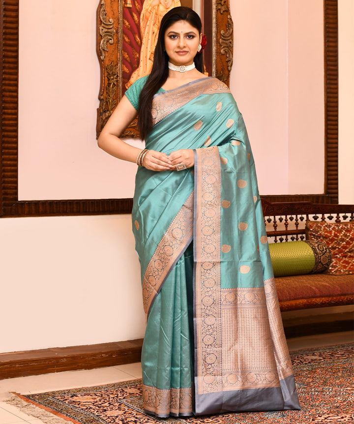 Turquoise blue silk handwoven banarasi saree