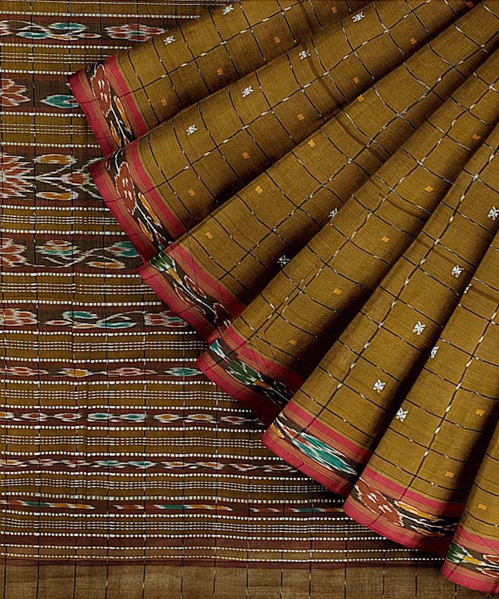 Brown red cotton handwoven nuapatna saree