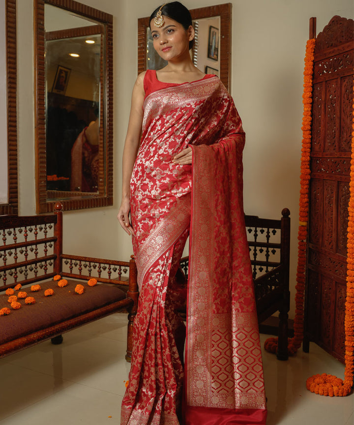 Red banarasi silk handwoven saree