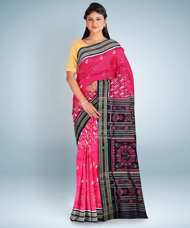 Ruby pink black silk handwoven khandua saree