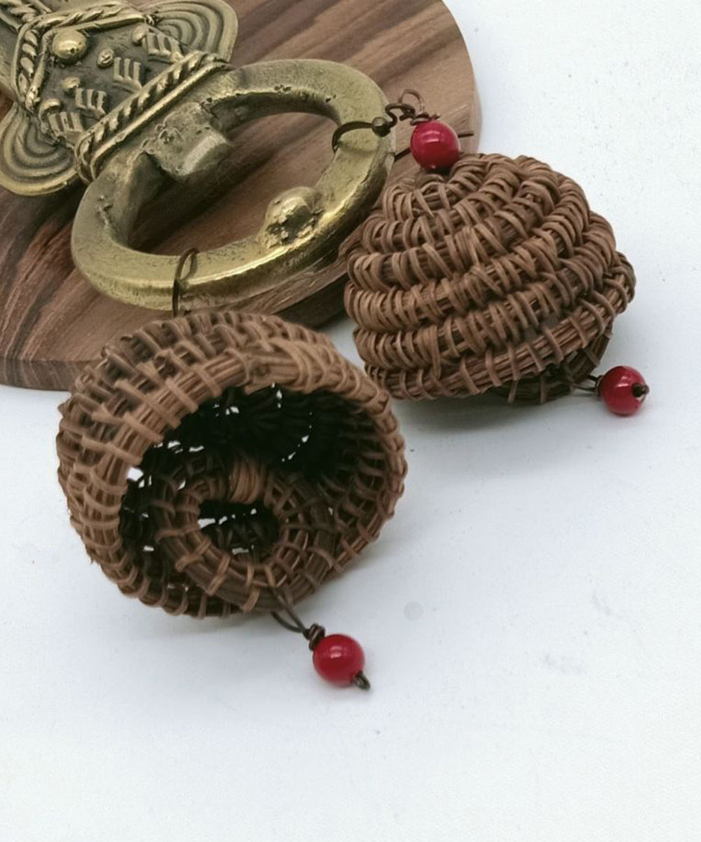 Brown red palm fibre seeds handcrafted earring