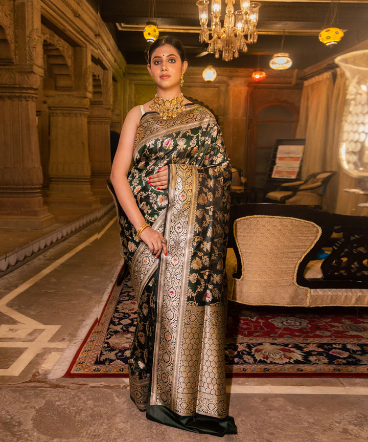 Bottle green handwoven silk banarasi saree