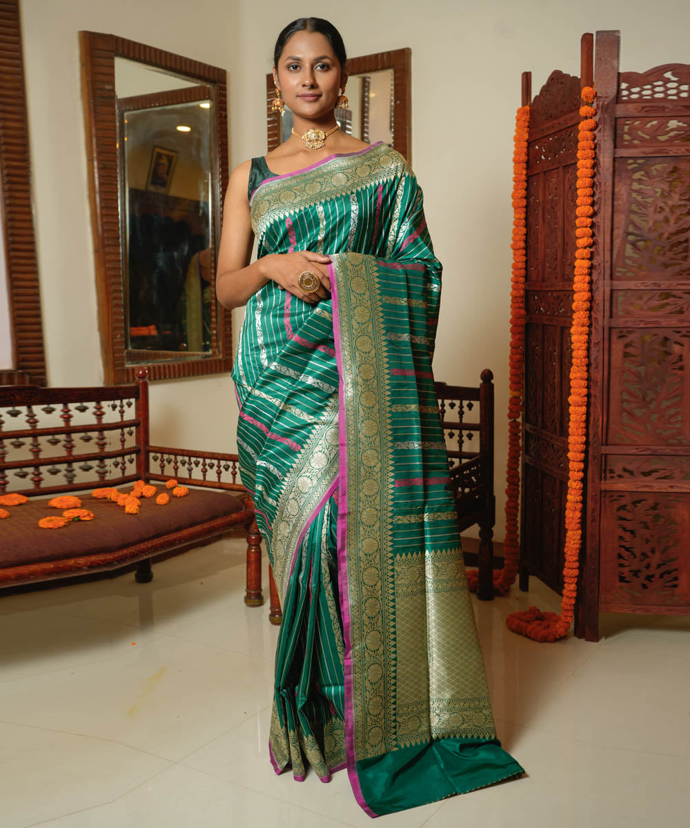 Green striped silk handwoven banarasi saree