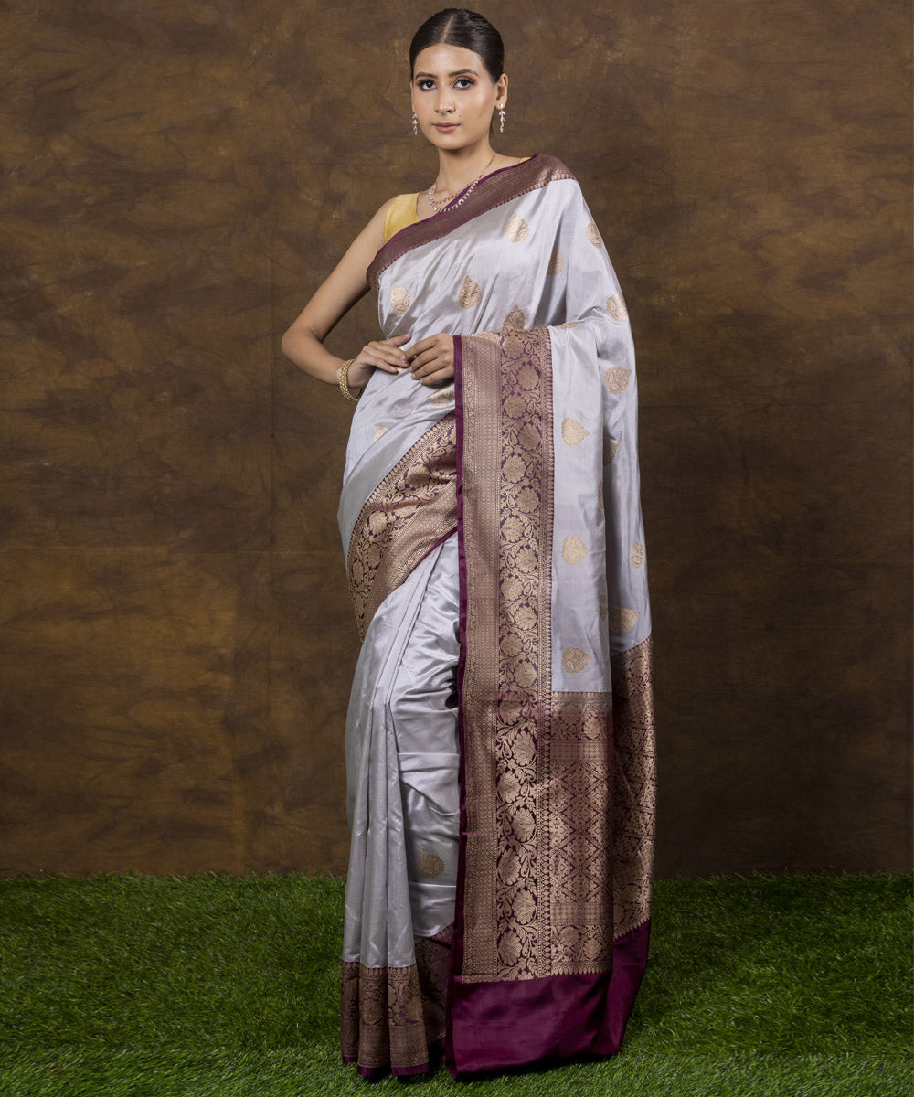 Grey maroon border silk handwoven banarasi saree