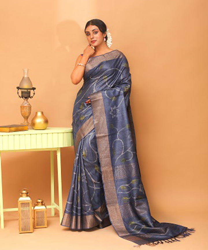 Grey chhattisgarh handwoven tussar silk saree