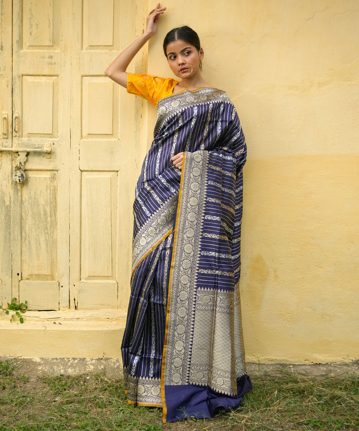 Royal blue striped silk handwoven banarasi saree