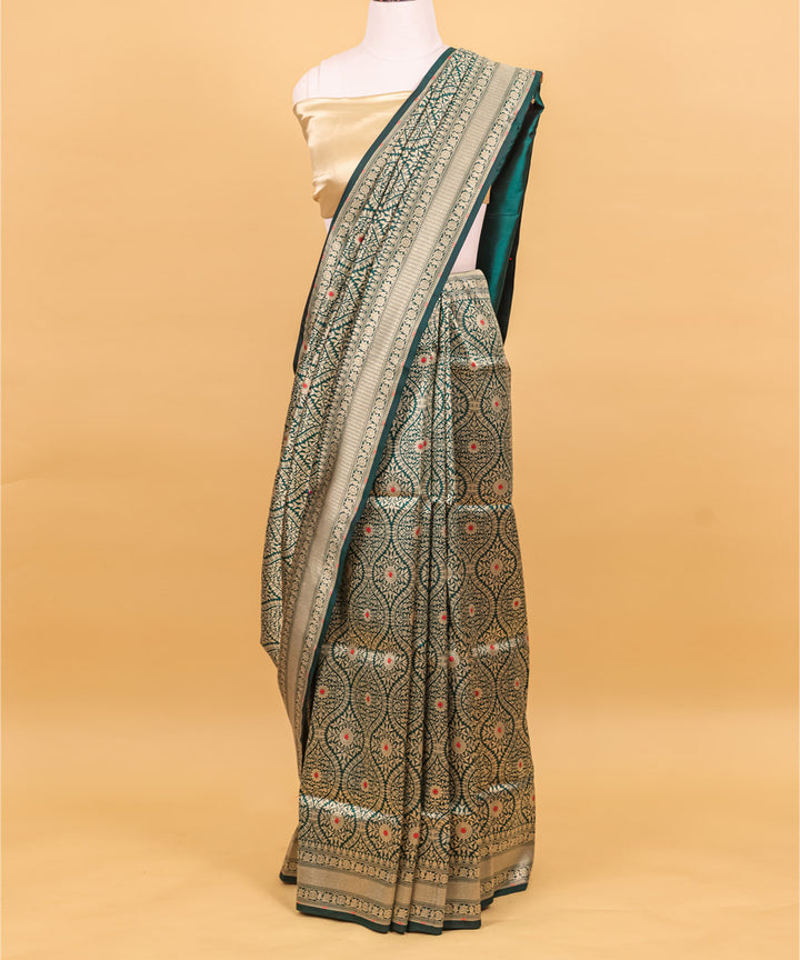 Dark green jangla silk handwoven banarasi saree