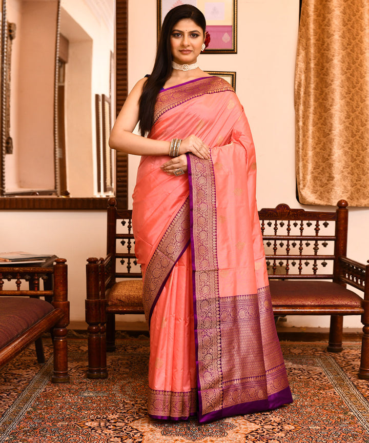 Peach violet silk handwoven banarasi saree