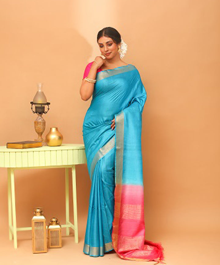 Cyan blue tussar silk chhattisgarh handloom saree