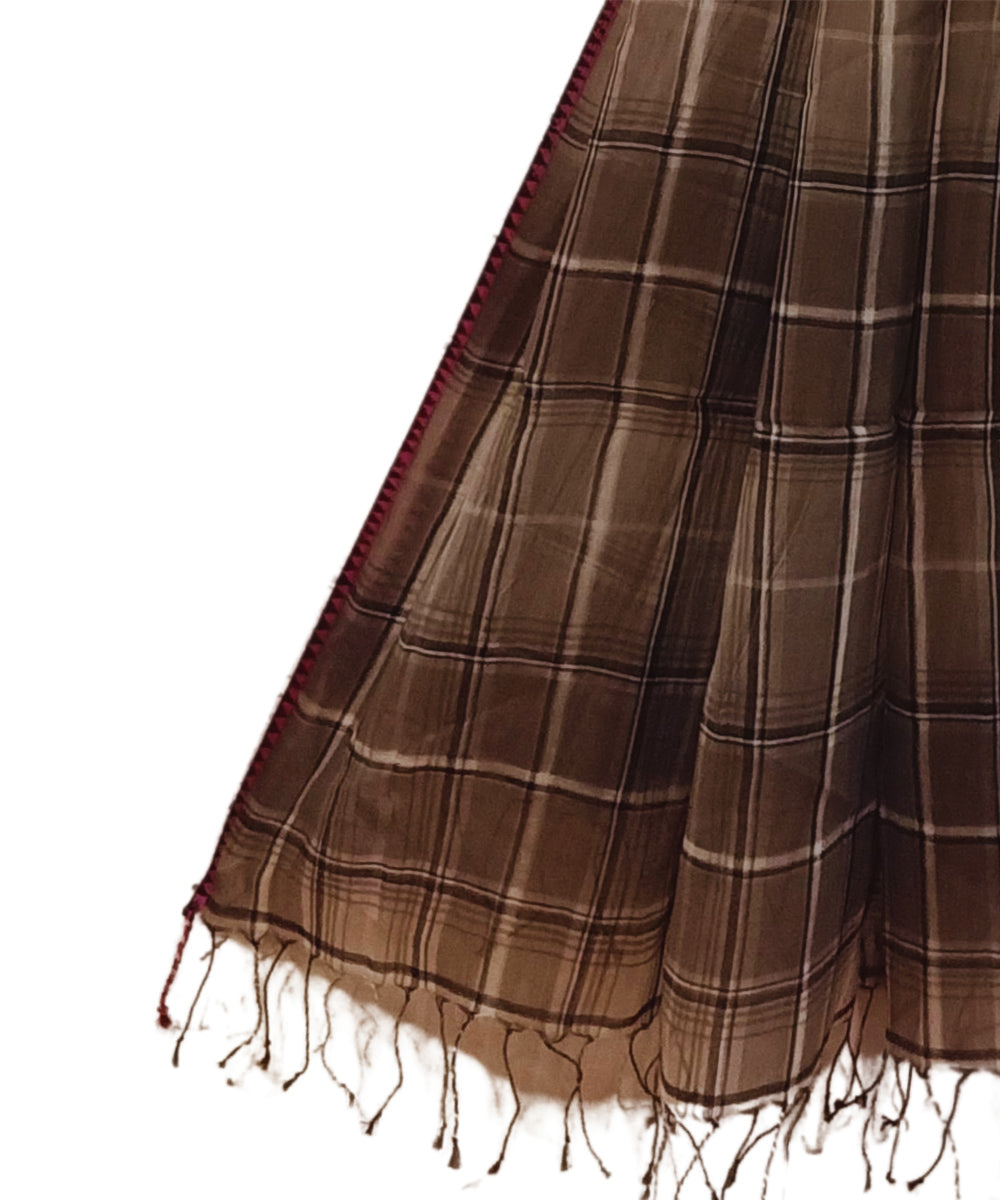 Brown yellow check handwoven cotton stole