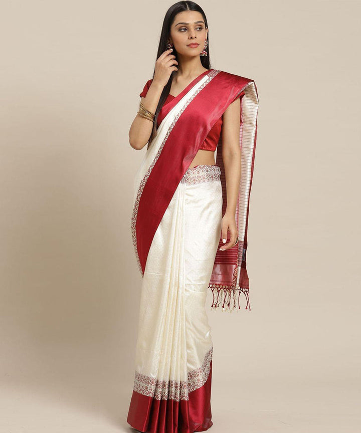 White red silk handwoven shantipuri saree