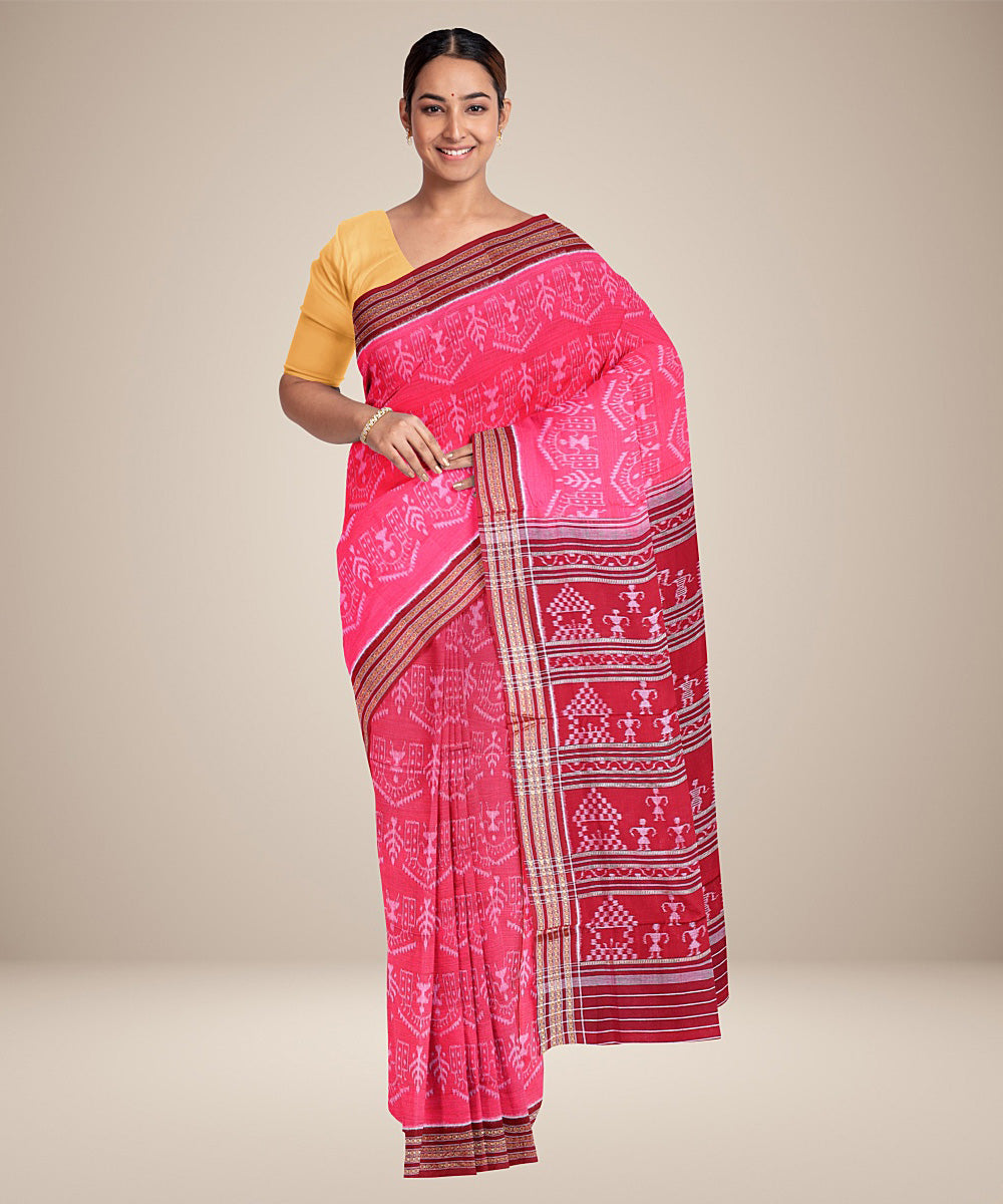 Pink red cotton handwoven nuapatna saree