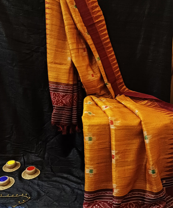 Mustard maroon handwoven tussar silk ikat dupatta