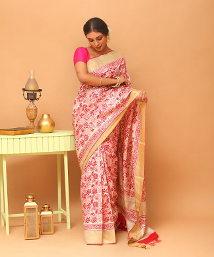 White pink chhattisgarh handloom tussar silk saree