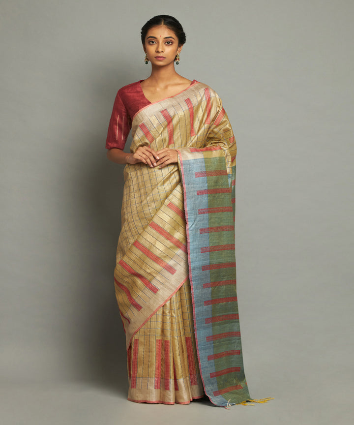 Pastel yellow tussar silk hand woven chhattisgarh kosa saree
